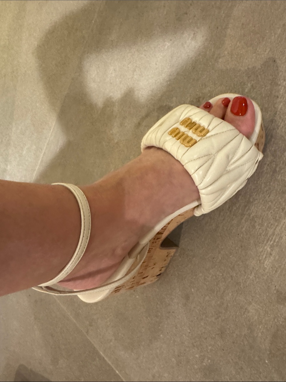Miu Miu Cream Quilted Cork Wedge Sandals with Gold Logo